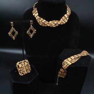 WEISS HIGH END DESIGNER BROWN TOPAZ RHINESTONES EMERALD CUT PARURE SET